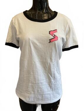 White Graphic Ringer T-Shirt with Colorful Lightning Bolt Design